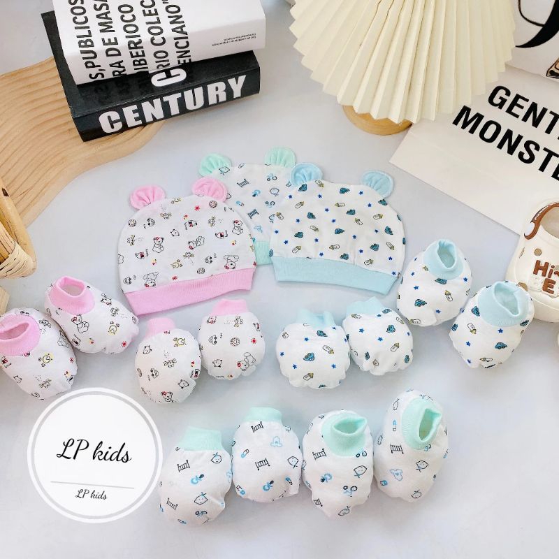 Set bao tay chân kèm mũ cotton trắng in hoa tiết 5 món cho bé sơ sinh 0-3 tháng