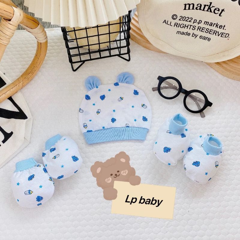 Set bao tay chân kèm mũ cotton trắng in hoa tiết 5 món cho bé sơ sinh 0-3 tháng
