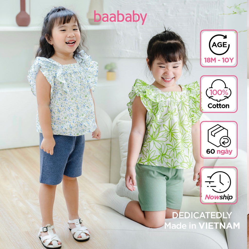 Áo kate bé gái, áo kiểu bé gái tay cánh tiên họa tiết hoa mùa hè cho bé từ 1 tuổi - 7 tuổi Baa Baby B-GC-AL18C-03