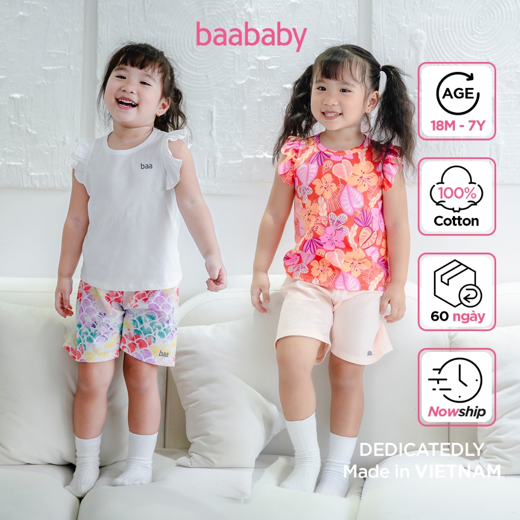 Đồ bộ bé gái cotton ngắn tay in họa tiết, đồ bộ dễ thương cho bé Baa Baby - GT-DB04C