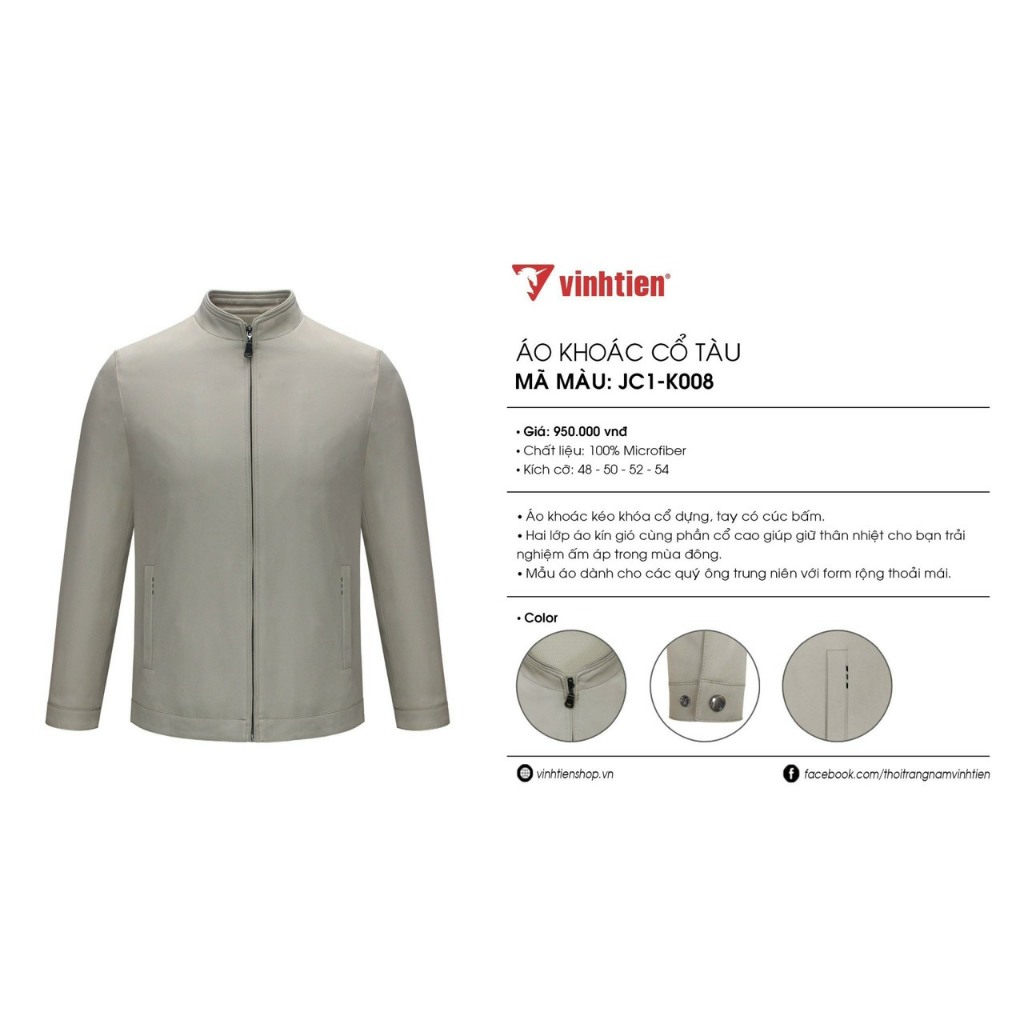 Áo Khoác Nam Vĩnh Tiến Trung Niên 2 Lớp Cao Cấp Xám Sáng K008