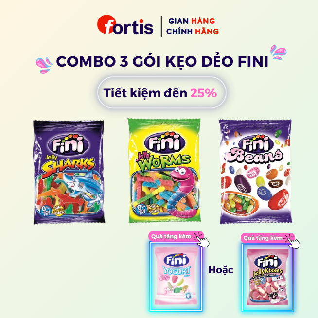 Combo 3 Gói Kẹo Dẻo Fini tự chọn + Tặng 1 Gói Kẹo Dẻo Fini Jelly Kisses hoặc Fini Yogurt