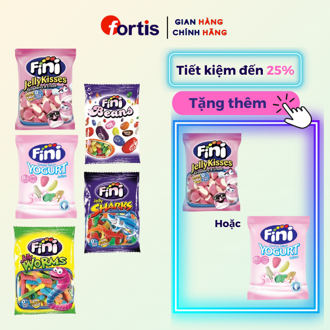 Combo 3 Gói Kẹo Dẻo Fini tự chọn + Tặng 1 Gói Kẹo Dẻo Fini Jelly Kisses hoặc Fini Yogurt
