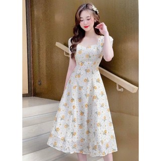 Đâm xòe voan hoa tay phồng cột dây chạy moking có lót trong màu đầm trắng họa tiết hoa vàng thời trang nữ VALKYRIE