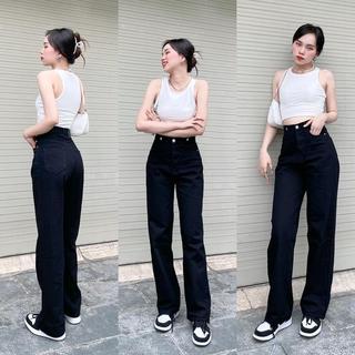 Quần Jeans ông Suông Nữ Lưng Cao Cạp Nút