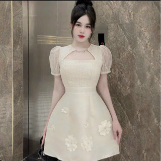 Đầm dự tiệc dáng xoè phối ren cổ đính đá siêu xinh