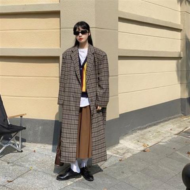 Áo Khoác Dạ Dáng Dài Kẻ Caro, Áo Trench Coat Hàn Quốc dày dặn