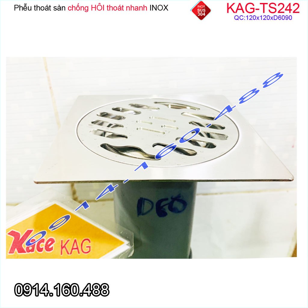 Thoát sàn quả Táo KAG-TS242 (D60), phễu thoát sàn vuông 12x12cm D60, phễu thu nước SUS304 thoát nhanh chống hôi tốt