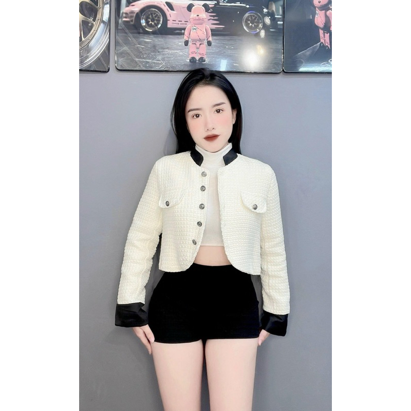 Áo Khoác Dạ Tweed Dáng Ngắn Croptop Pha Màu Cài Tag YLS