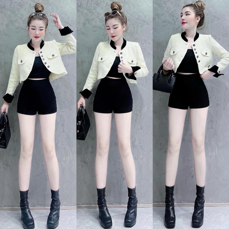 Áo Khoác Dạ Tweed Dáng Ngắn Croptop Pha Màu Cài Tag YLS