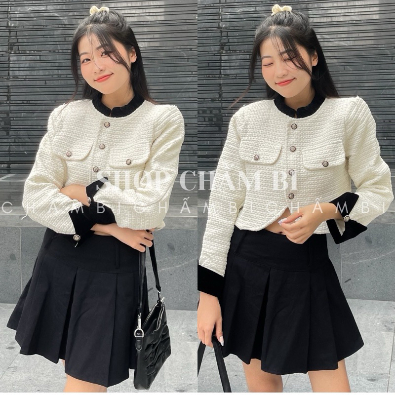 Áo Khoác Dạ Tweed Dáng Ngắn Croptop Pha Màu Cài Tag YLS