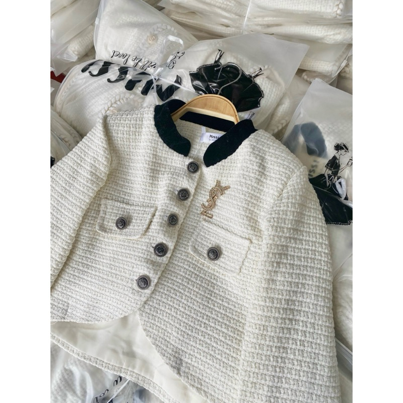 Áo Khoác Dạ Tweed Dáng Ngắn Croptop Pha Màu Cài Tag YLS