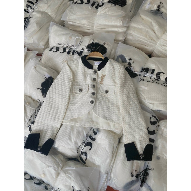 Áo Khoác Dạ Tweed Dáng Ngắn Croptop Pha Màu Cài Tag YLS