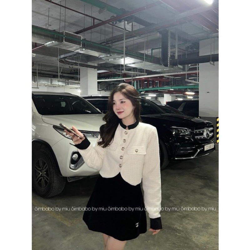 Áo Khoác Dạ Tweed Dáng Ngắn Croptop Pha Màu Cài Tag YLS