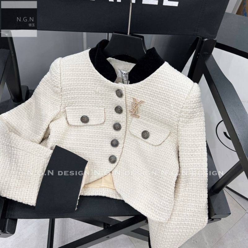 Áo Khoác Dạ Tweed Dáng Ngắn Croptop Pha Màu Cài Tag YLS