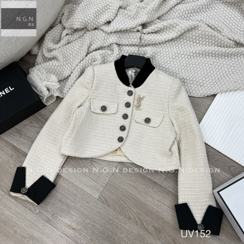 Áo Khoác Dạ Tweed Dáng Ngắn Croptop Pha Màu Cài Tag YLS