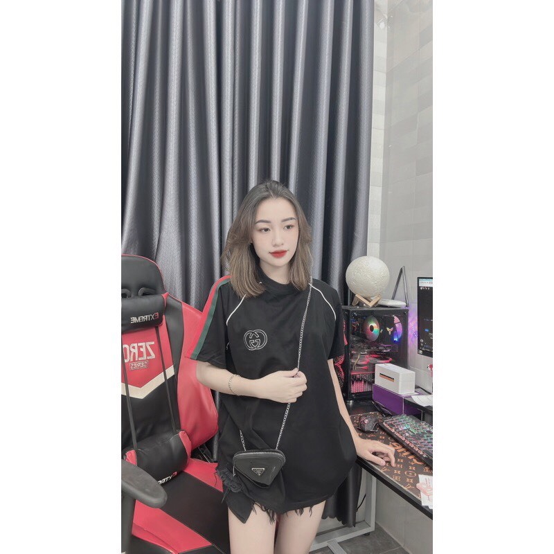 Áo phông cộc tay nam nữ hoạ tiết viền kẻ sọc logo GG thêu trẻ trung phong cách hàn quốc