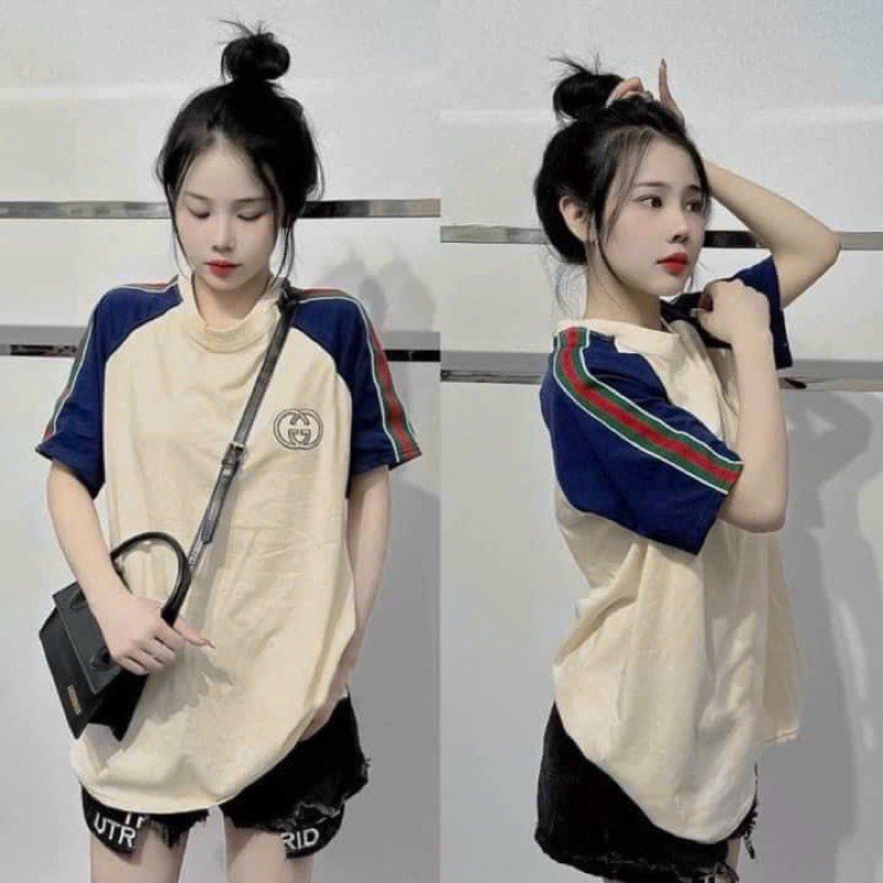 Áo phông cộc tay nam nữ hoạ tiết viền kẻ sọc logo GG thêu trẻ trung phong cách hàn quốc