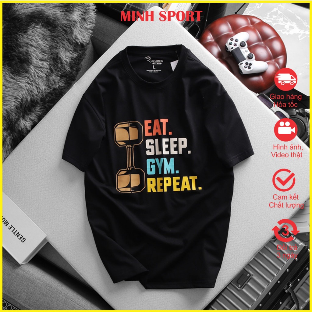 Áo Thun Nam Cổ Tròn Màu Đen In Chữ Eat Sleep Big Size mã AO.103