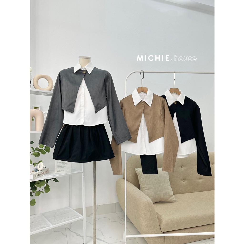 Set Áo Sơ Mi Phối Khoác Vest Xẻ Chéo Croptop michie.house Thời Trang Nữ Thu Đông - S130
