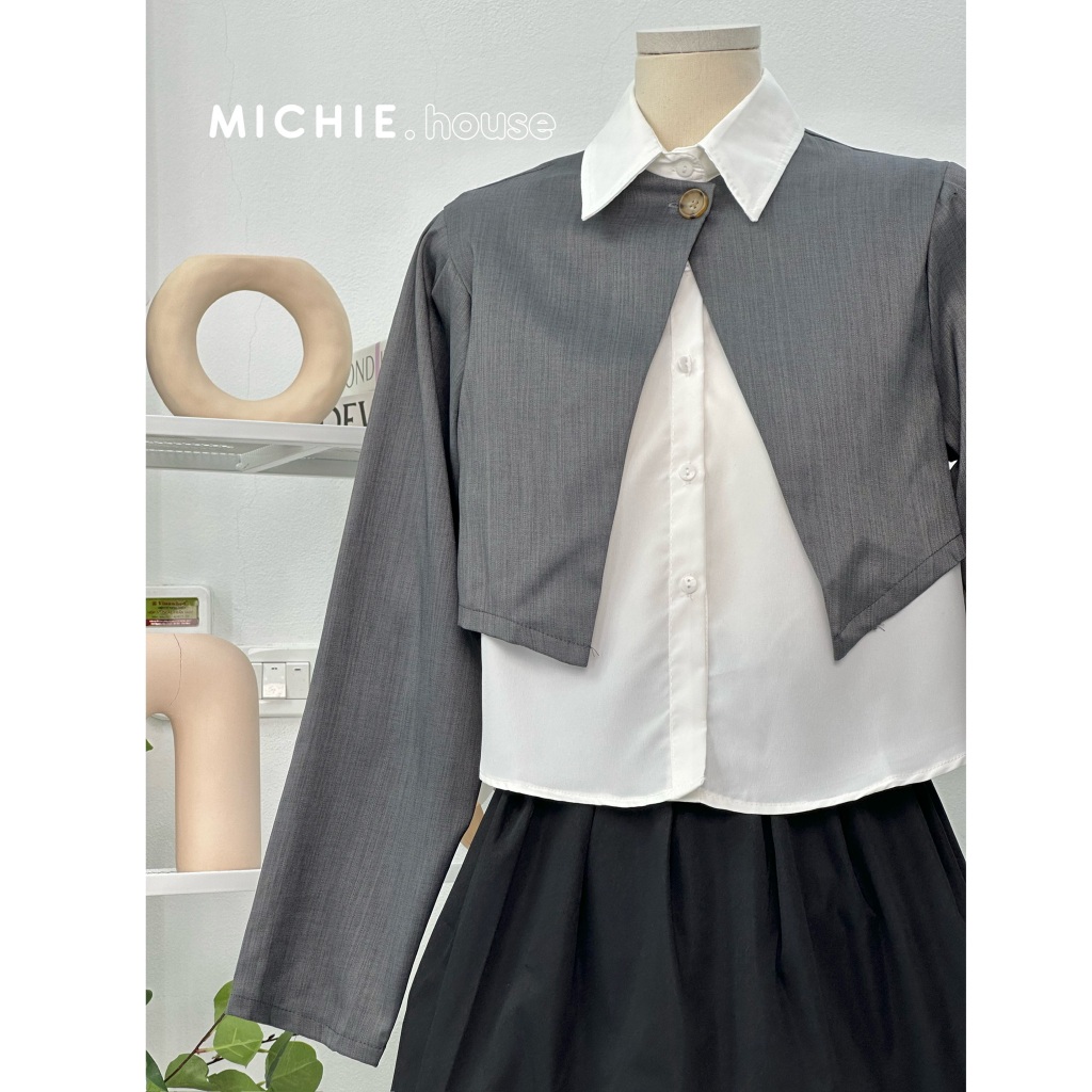 Set Áo Sơ Mi Phối Khoác Vest Xẻ Chéo Croptop michie.house Thời Trang Nữ Thu Đông - S130