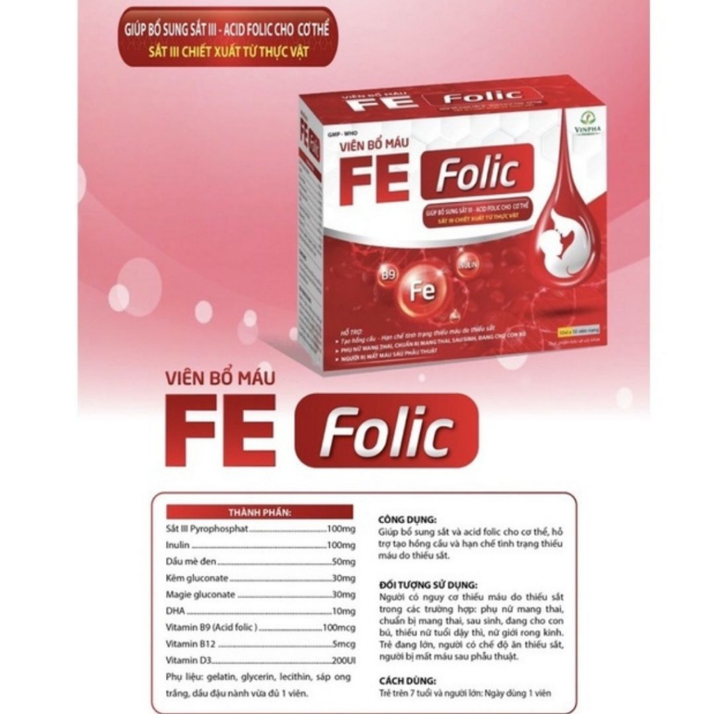 Viên bổ máu FE FOLIC - Giúp bổ sung sắt III, acid folic cho cơ thể - Hộp 100 viên