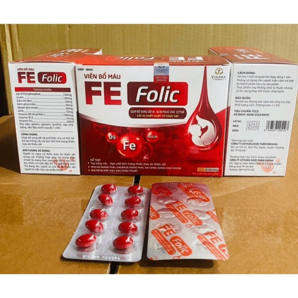 Viên bổ máu FE FOLIC - Giúp bổ sung sắt III, acid folic cho cơ thể - Hộp 100 viên