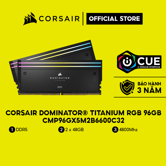 Bộ nhớ trong Corsair DDR5,6600MT/s 96GB 2x48GB DIMM,XMP 3.0,DOMINATOR TITANIUM ,RGB LED,1.4V/CMP96GX5M2B6600C32