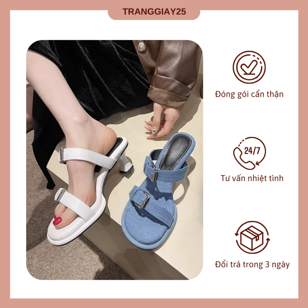 Guốc cao gót mũi vuông 2 quai phối khuy đế trụ 6cm chắc chắn hàng Quảng Châu D35