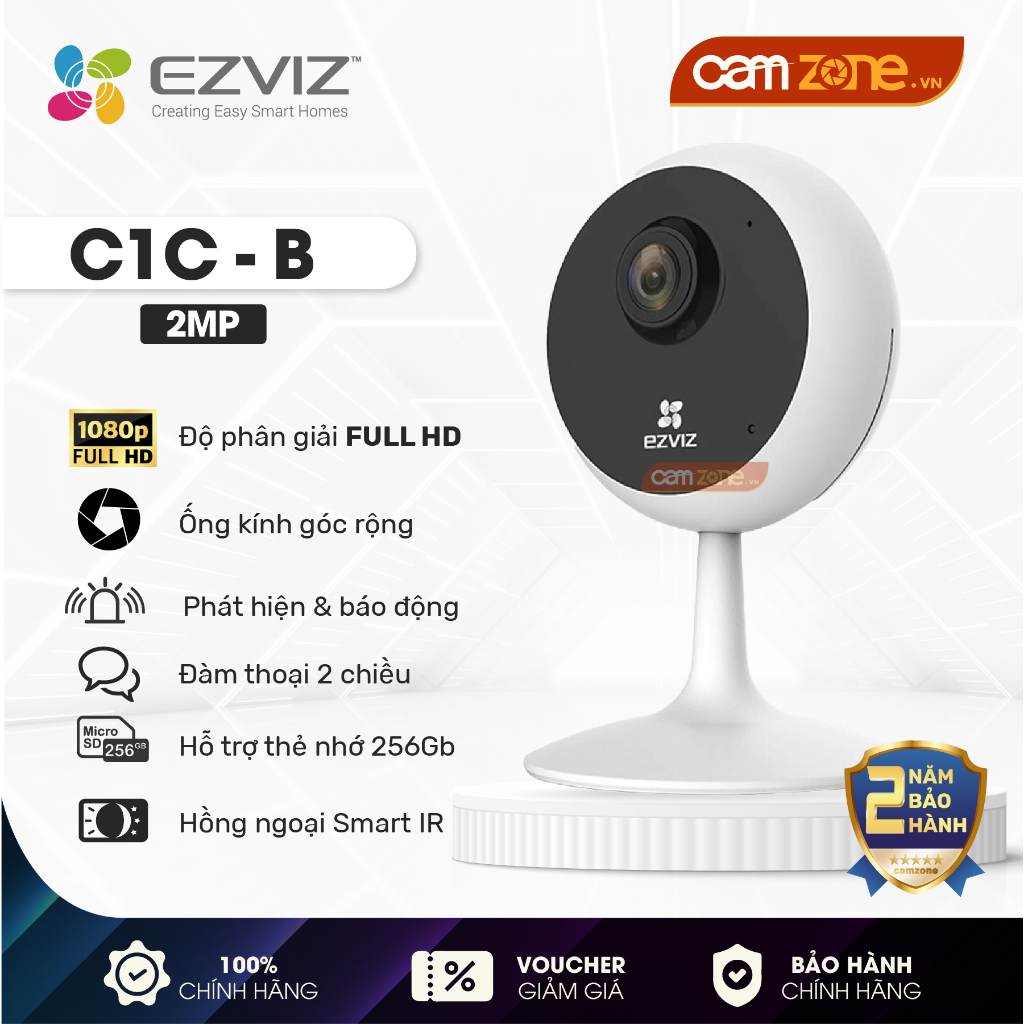 Camera IP Wifi Trong Nhà Ezviz Cố Định C1C-B/H1C 2MP 1080P - Góc nhìn rộng 130 độ, Chuẩn nén H265, Đàm thoại 2 chiều