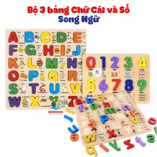 Combo 3 Bảng Ghép Chữ In Hoa Và Số Song Ngữ Tặng 42 Thẻ Học Chữ Và Số Cho Bé