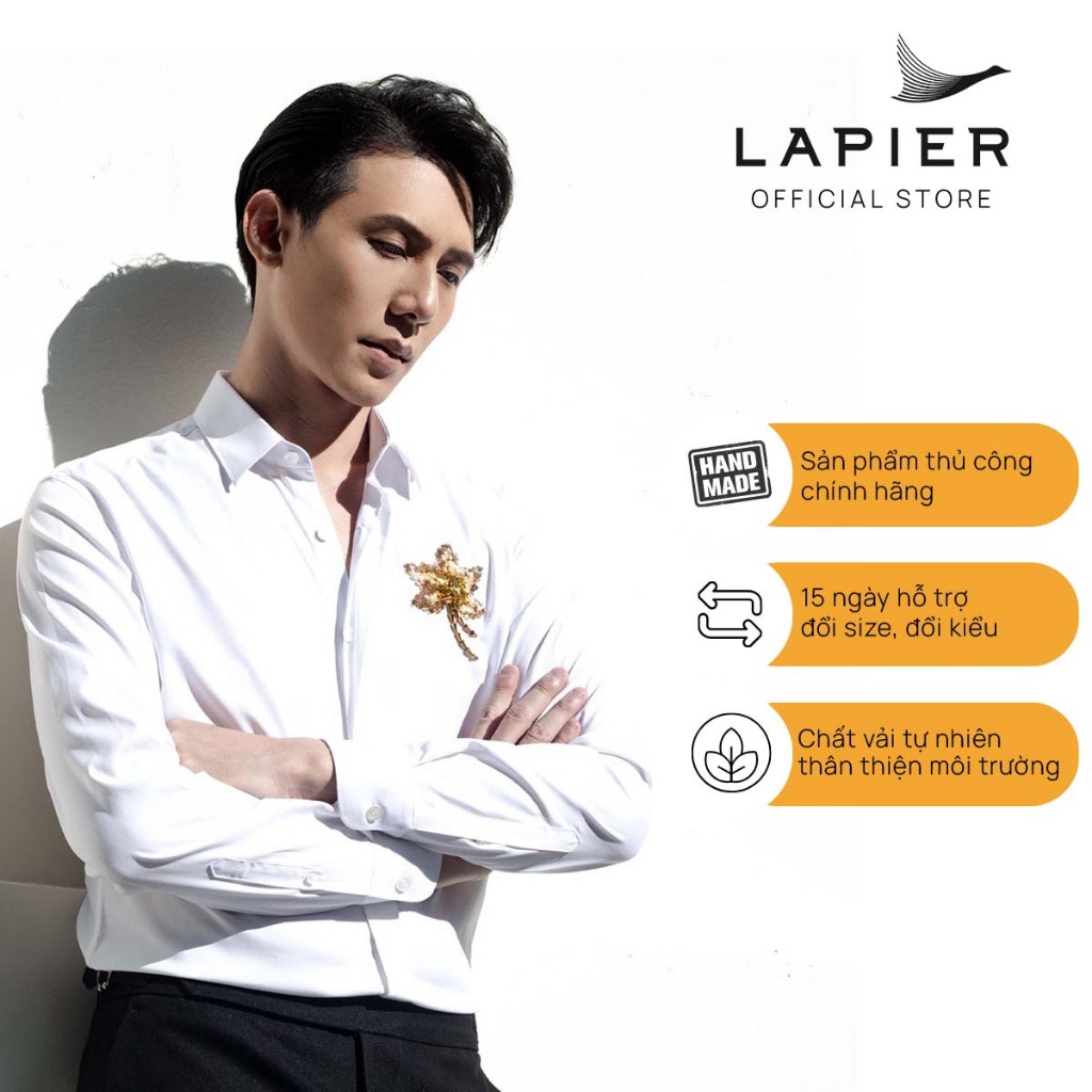 Sơ mi đính kết thủ công Yellow Maple Leaf, áo trắng dài tay, chất liệu Bambo sang trọng nổi bật