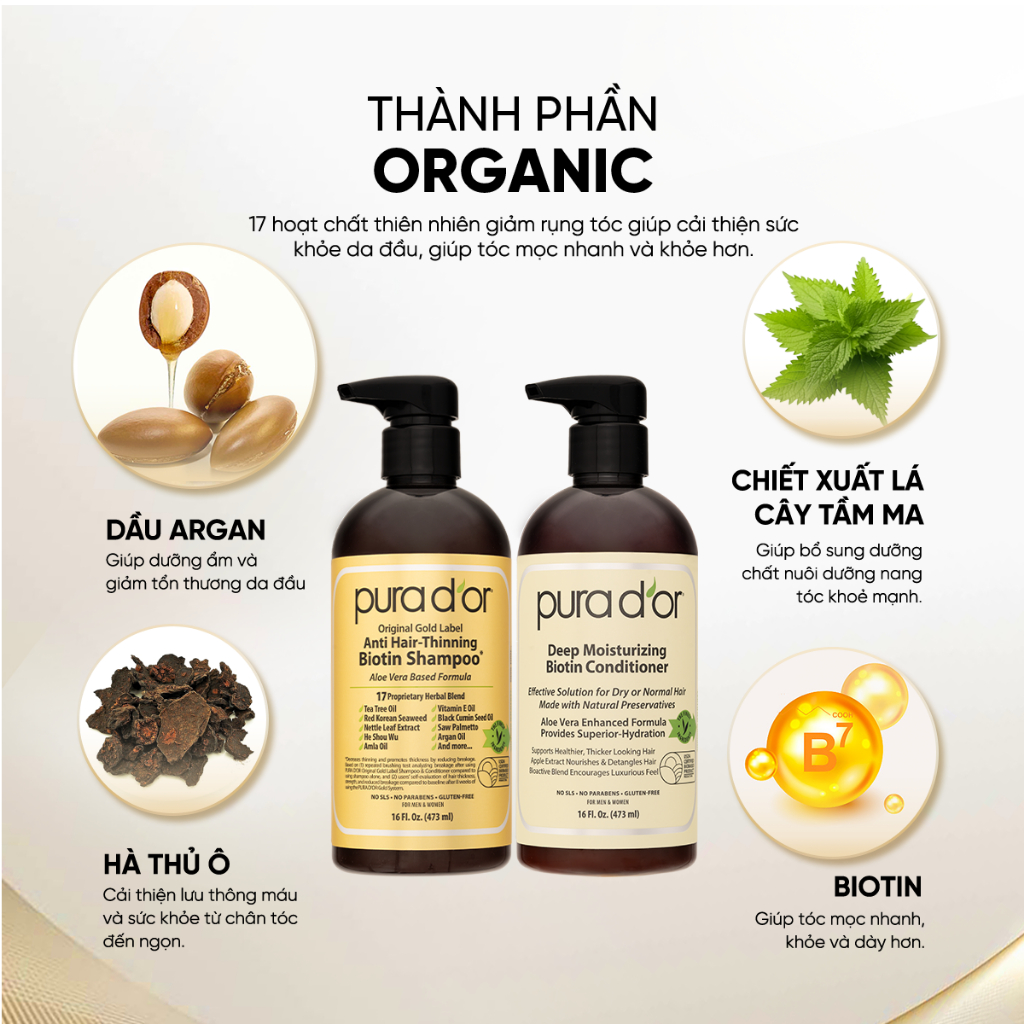 Combo Dầu Gội Dầu Xả Biotin Gold Label 236ML 473ML Organic Giảm Rụng Tóc PURA DOR