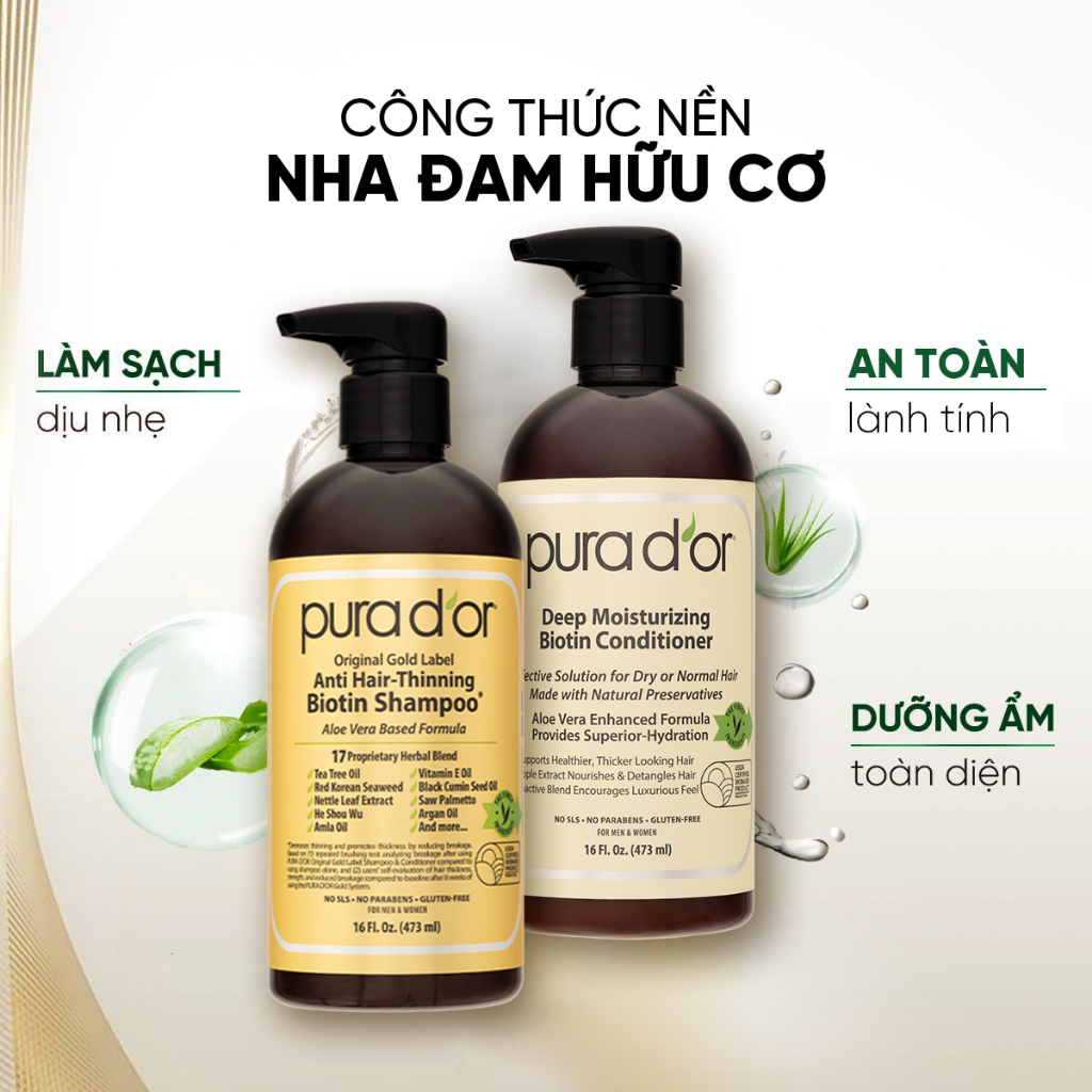 Combo Dầu Gội Dầu Xả Biotin Gold Label 236ML 473ML Organic Giảm Rụng Tóc PURA DOR