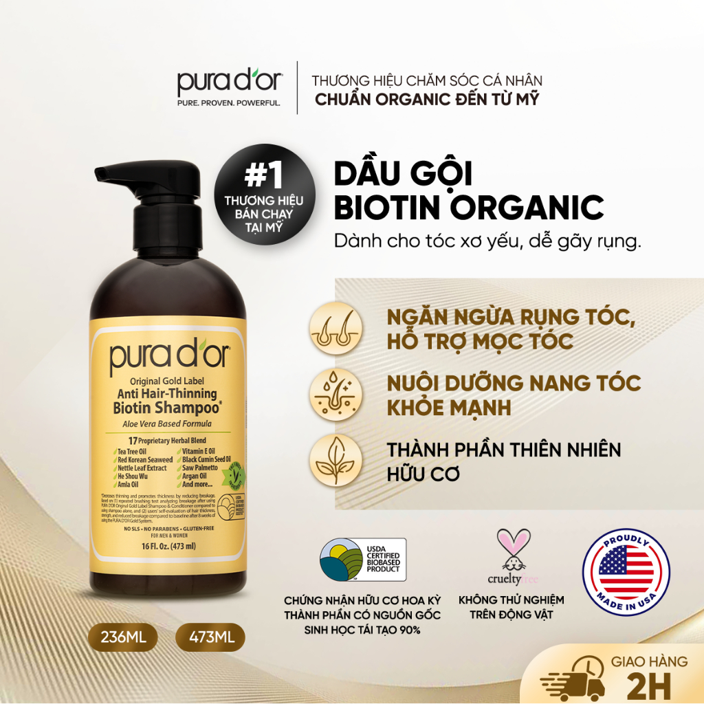 Dầu Gội Biotin Original Gold Label 236ML - 473ML Organic, Ngăn Rụng Tóc PURA DOR