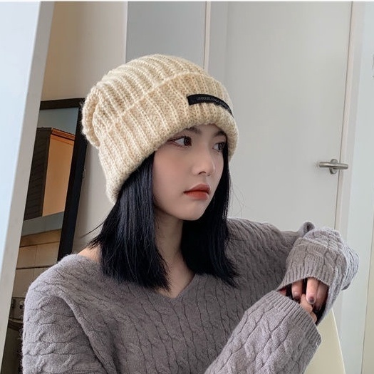 Mũ len nón trùm đầu nữ mùa đông ấm áp tag dài style Hàn Quốc, M203
