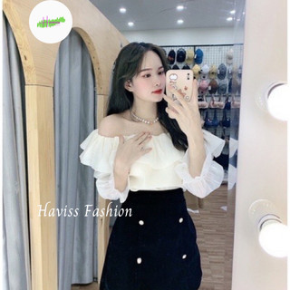 Áo sơ mi tiểu thư Haviss kiểu sơ mi trễ vai thiết kế tay phồng kiểu dáng sang trọng quý phái thời trang phong cách Hàn Q