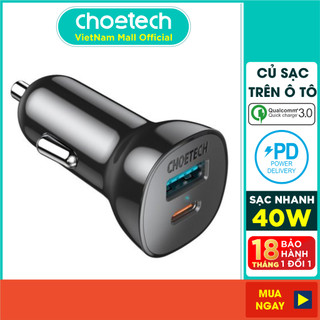 Củ Sạc Điện Thoại Ô Tô 38W CHOETECH TC0005 V2 USB Quick Charge 3.0 18W, Type-C PD 20W - Hàng Chính Hãng