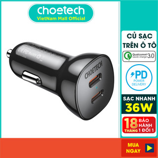 Củ Sạc Điện Thoại Ô Tô 36W, 2 Cổng Type-C PD 20W CHOETECH TC0008 V2 - Hàng Chính Hãng