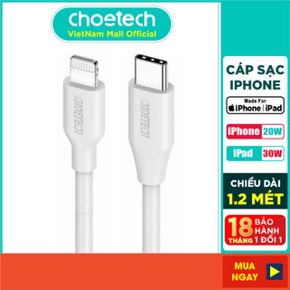 Dây cáp sạc type-c to lightning chứng nhận mfi choetech ip0040 dài 1.2m sạc nhanh 20w cho iphone, sạc 30w cho ipad