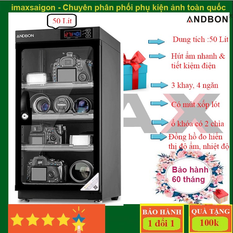 Tủ chống ẩm máy ảnh 50 lít chính hãng Andbon( AB-50C, AD-50S, AD-50C) + quà tặng