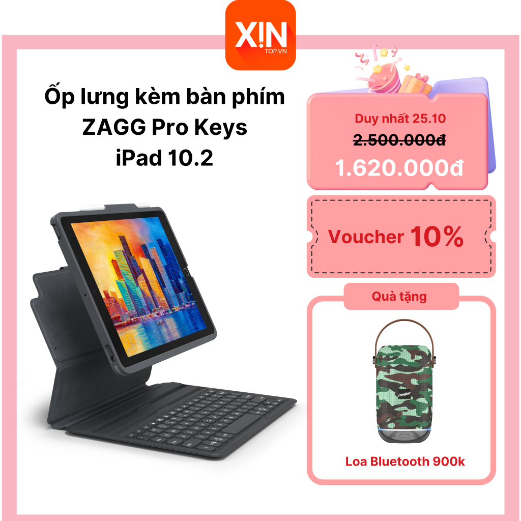 Ốp lưng kèm bàn phím dành cho ZAGG Keyboard Pro Keys iPad 10.2 inch