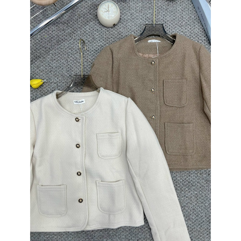 Áo khoác dạ tweed cổ tròn dáng ngắn cúc đồng chất dạ mịn hàng QCCC