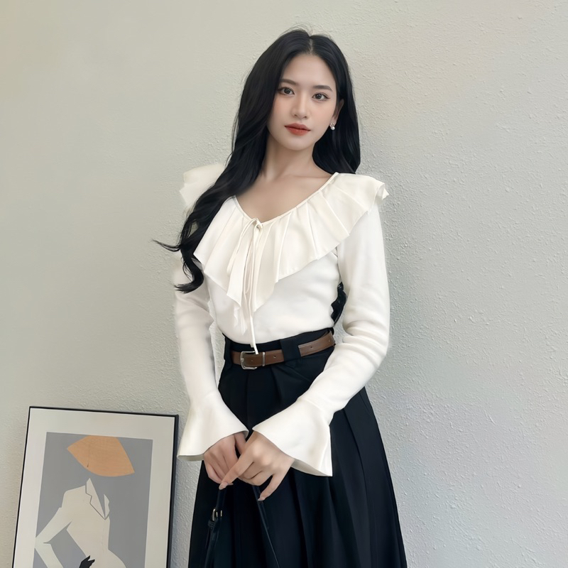 Áo Thun Tăm Bèo Nhọn Dài Tay Ống Xoè