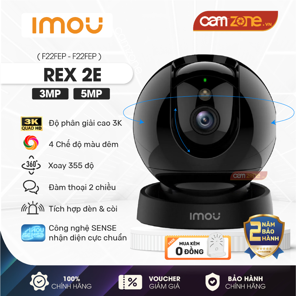 Camera Wifi Trong Nhà IMOU REX 2E 3MP 2K/5MP 3K - Siêu Nét, H.265, Màu Đêm, Đàm Thoại, Báo Động Đèn Còi Hú
