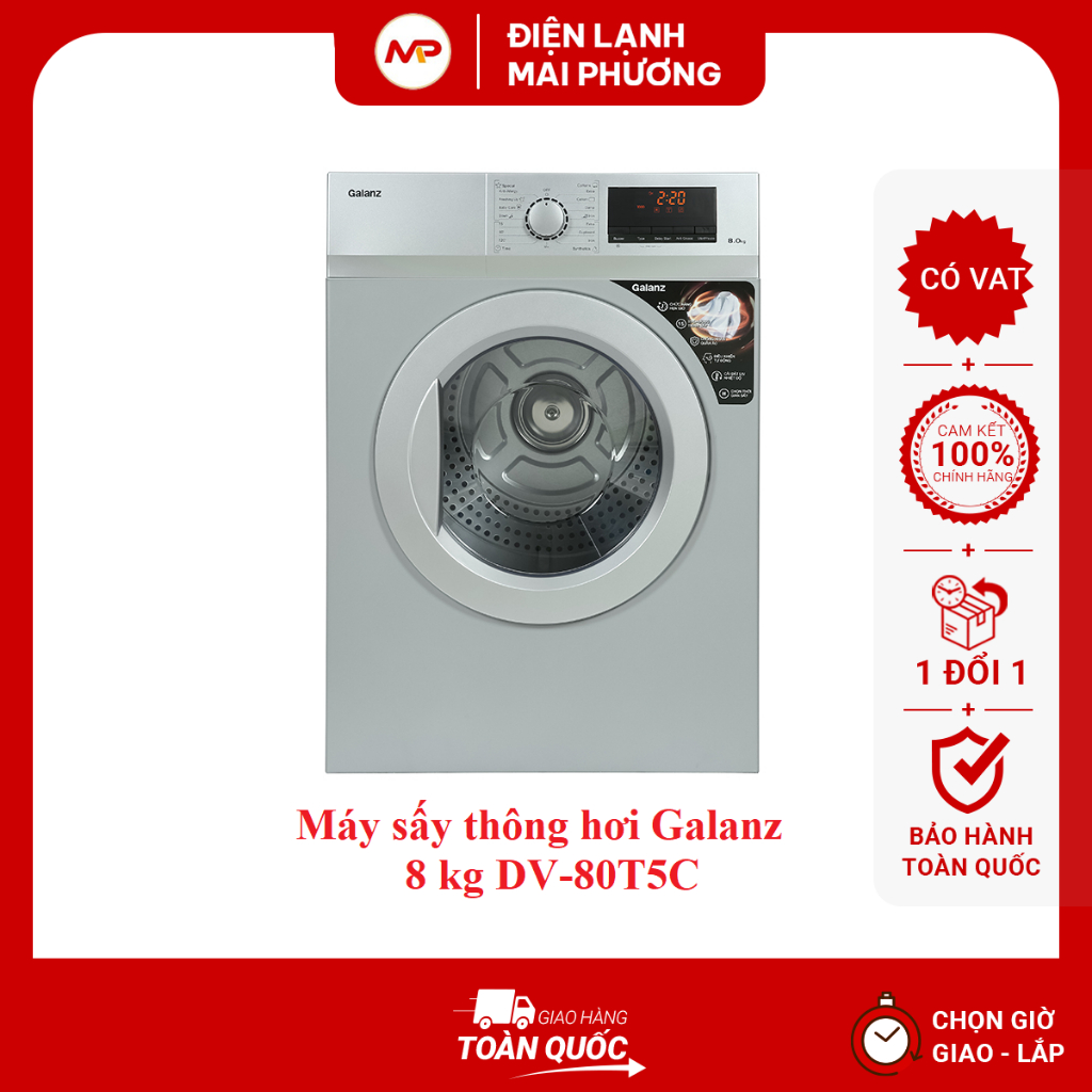 Máy sấy thông hơi Galanz 8 Kg DV-80T5C(W) - Hàng chính hãng (Bảo hành 24 tháng)