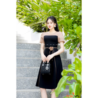 Anie - đầm đen phối voan tơ belt hoa - an2152
