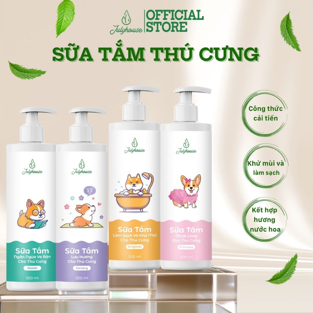 Combo Sữa tắm cho chó mèo 150ml/500ml và Xịt thơm dưỡng lông bodymist cho chó mèo 100ml Julyhouse