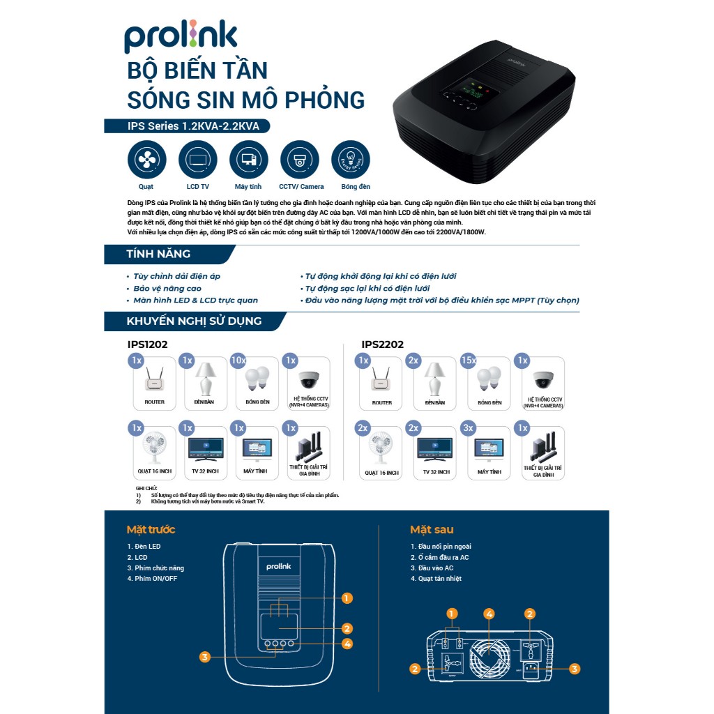 Bộ biến tần Prolink IPS1202 (1200VA/1000W) cấp điện liên tục, ổn định điện dùng cho PC, thiết bị gia đình, hồ cá, CCTV..