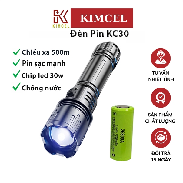 Đèn pin chiếu xa chống nước KC30 KIMCEL đèn sạc pin trâu